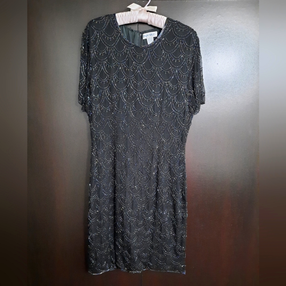 Vintage 90s Principles Black Silk Beaded Cocktail Dress